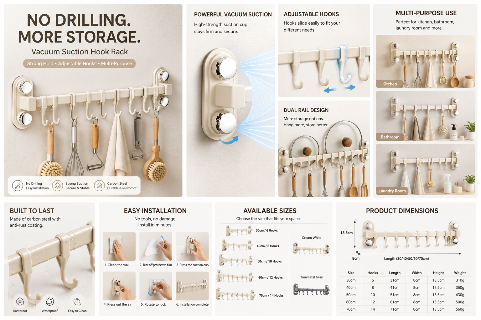 No-Drill Vacuum Suction Kitchen Organizer Rack