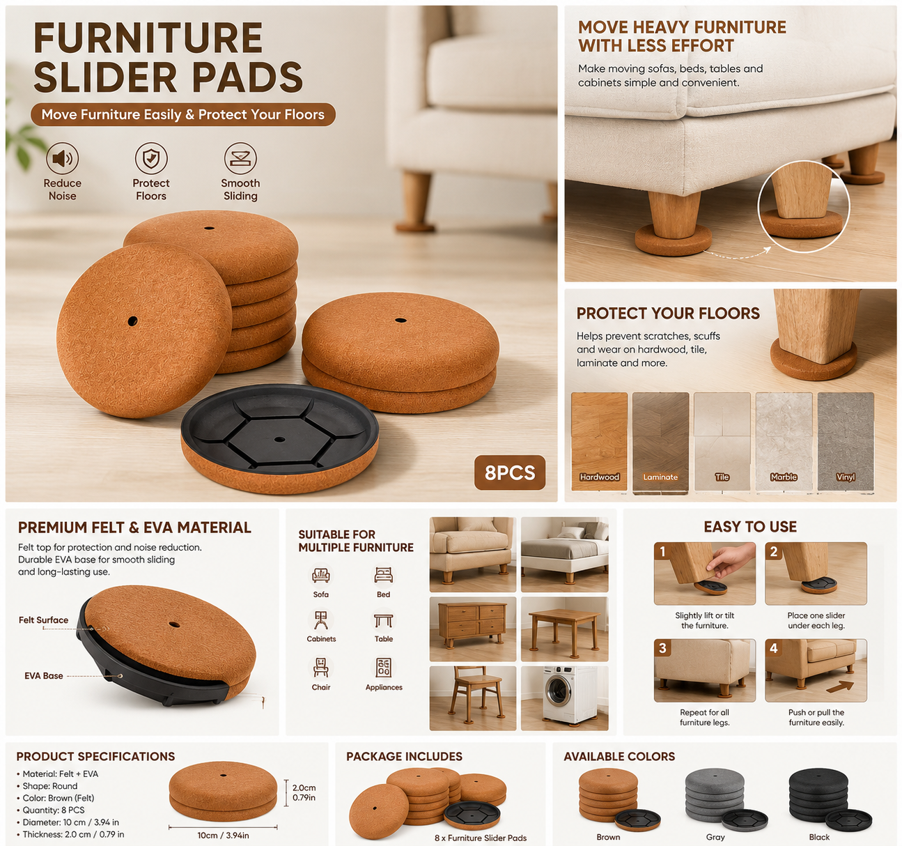 Furniture Moving Slider Pads – 4 Piece Set